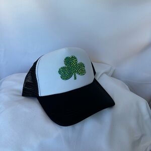 Green bedazzled Shamrock Trucker Hat women’s